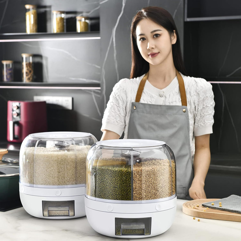 360° Rotating Dry Food Dispenser – 6-Compartment Airtight Grain Storage Container