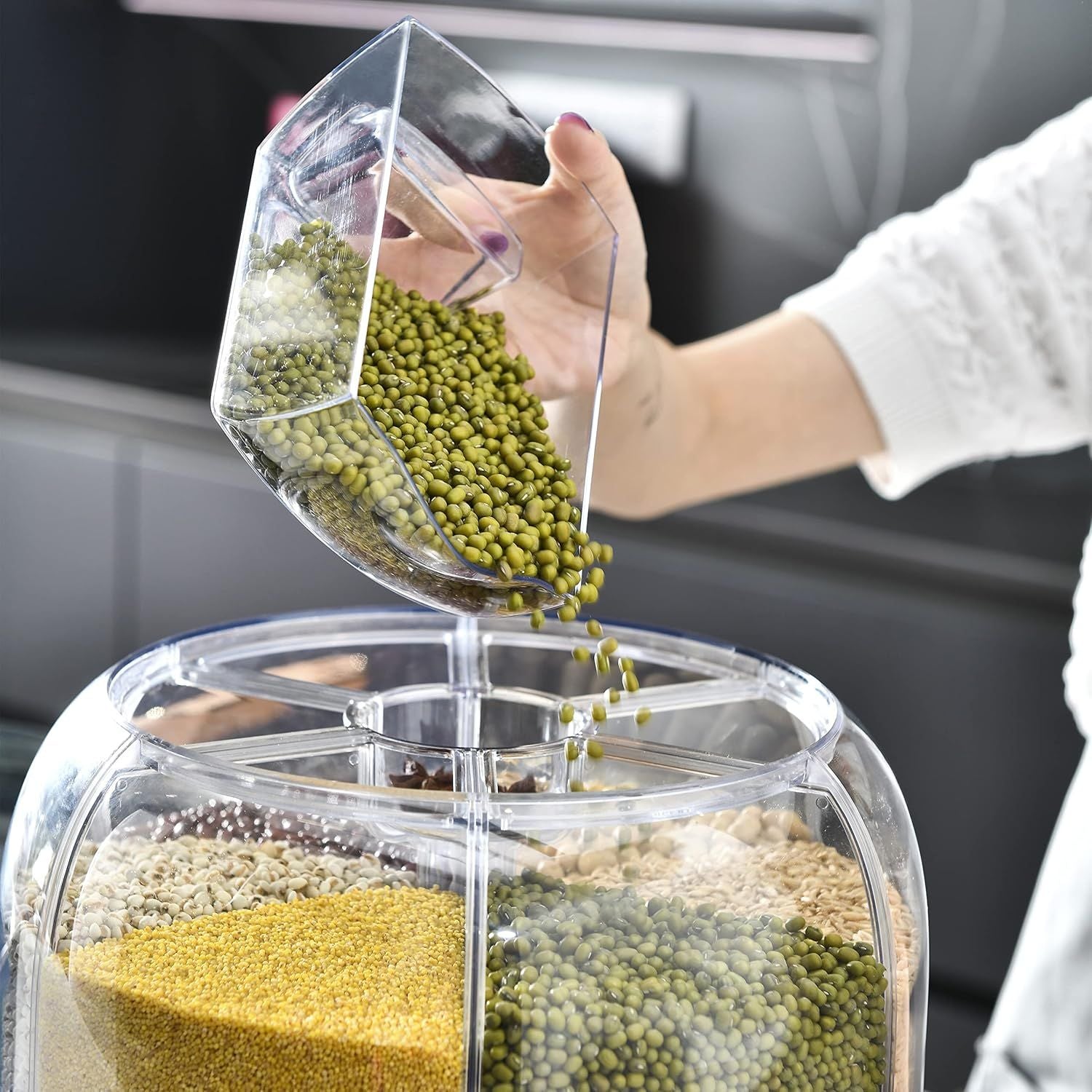 360° Rotating Dry Food Dispenser – 6-Compartment Airtight Grain Storage Container