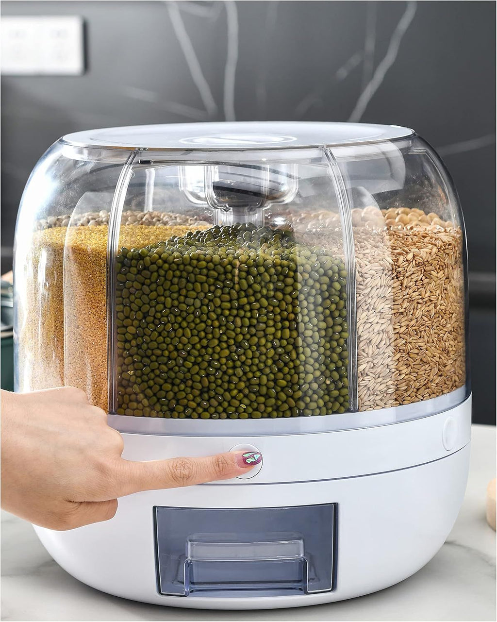 360° Rotating Dry Food Dispenser – 6-Compartment Airtight Grain Storage Container