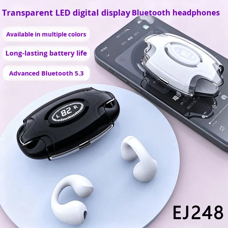 Transparent LED digital display Bluetooth headphones shown with a black charging case, two white earbud tips, and a smartphone demonstrating the display screen. Purple text on the image highlights features like multiple colors, long battery life, and Bluetooth 5.