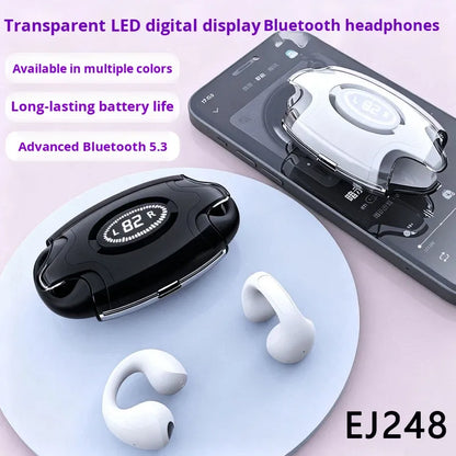 Transparent LED digital display Bluetooth headphones shown with a black charging case, two white earbud tips, and a smartphone demonstrating the display screen. Purple text on the image highlights features like multiple colors, long battery life, and Bluetooth 5.