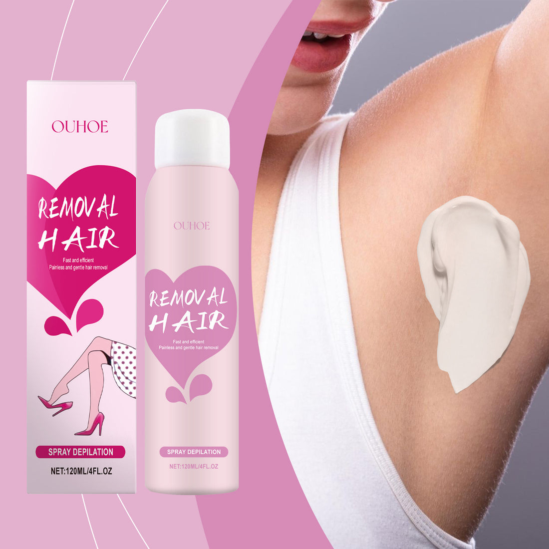 OUHOE removal hair spray and packaging on a pink background