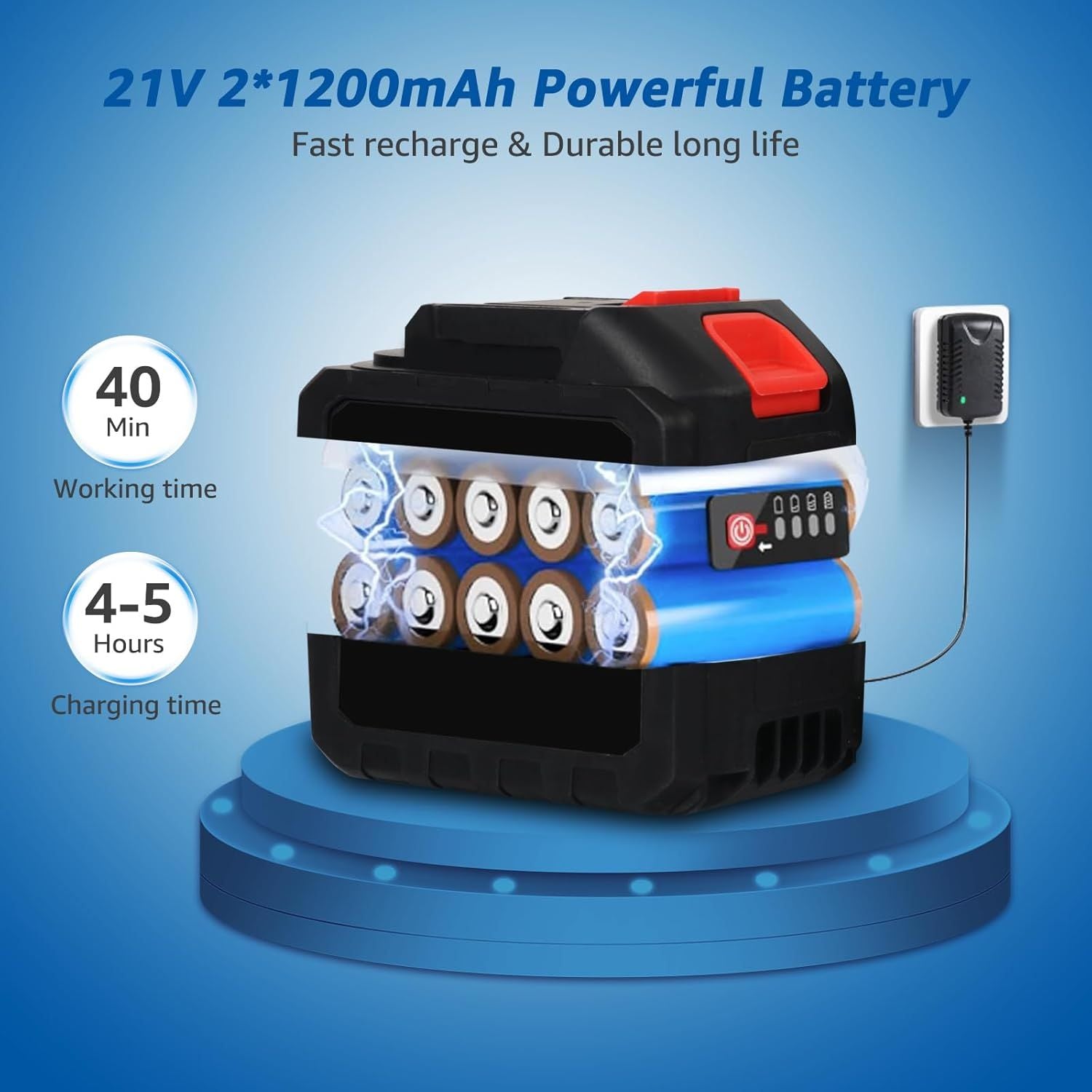 Battery pack with charging time and working time displayed on a blue background