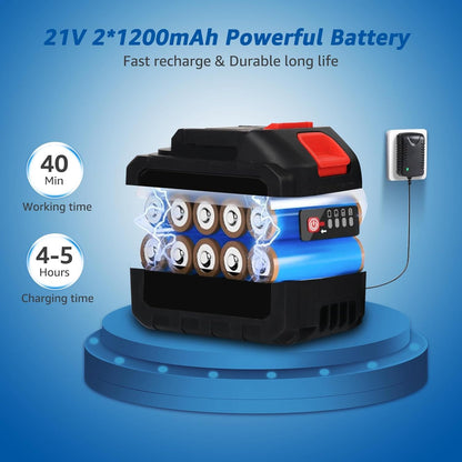 Battery pack with charging time and working time displayed on a blue background
