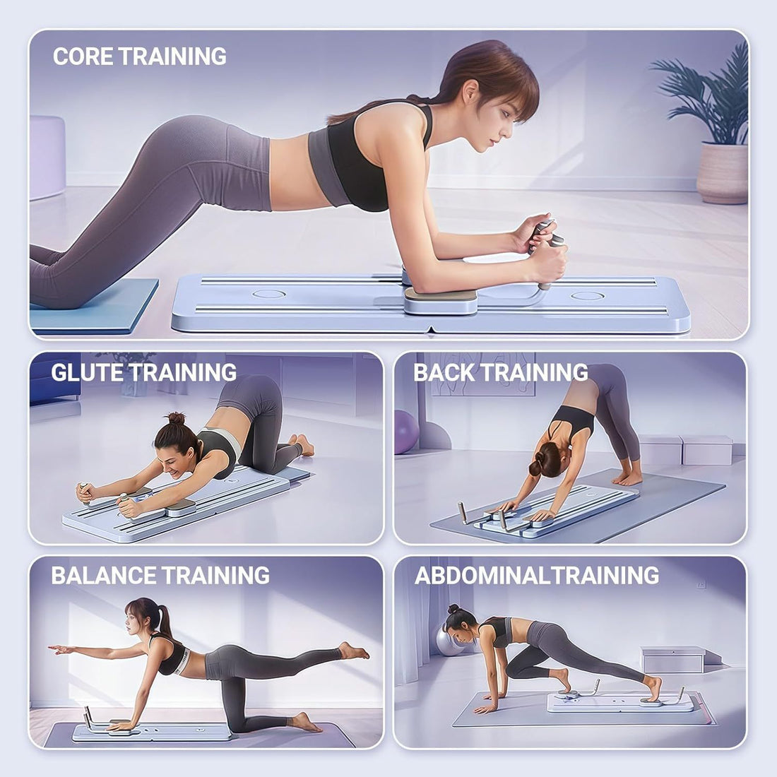 Woman performing core training exercises on a reformer machine with text labels.