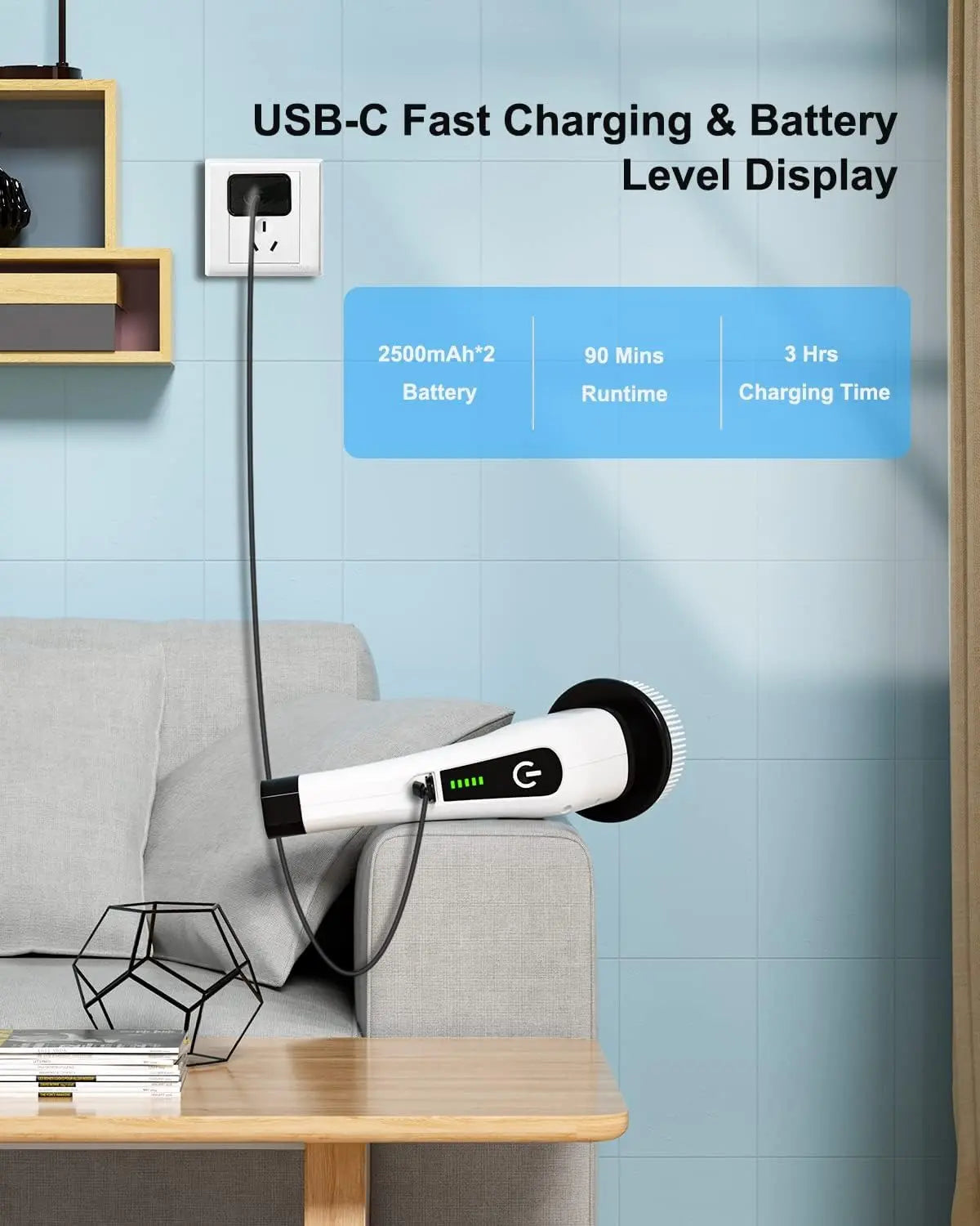 USB-C fast charging cable with battery level display on a table against a light blue wall.