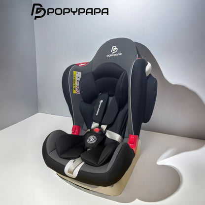 A Popypapa brand infant car seat in black and gray with red accents, shown on a white surface against a gray background with a Popypapa logo overlay in the top left.
