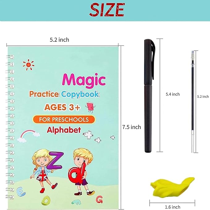 Magic Practice Copybook for preschools with dimensions and a pen included