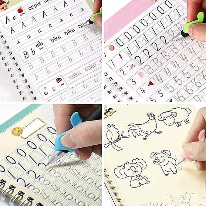 Collage of a writing tool being used on various educational materials with letters, numbers, and animal illustrations.