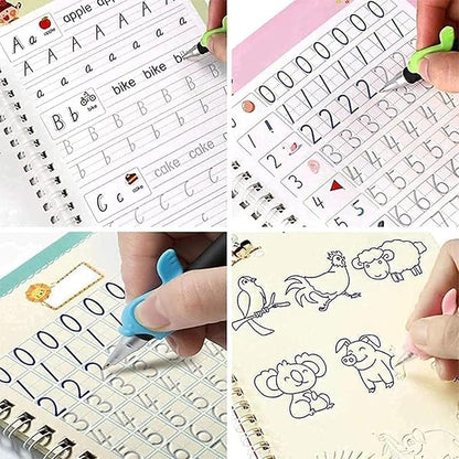 Collage of a writing tool being used on various educational materials with letters, numbers, and animal illustrations.