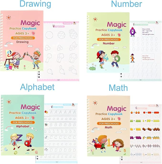 Set of four educational copybooks for preschoolers on a white background