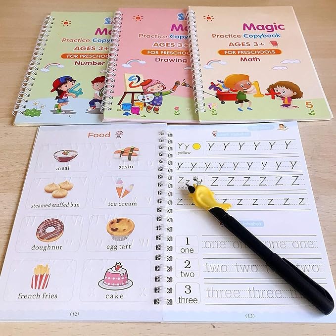 Educational books for preschoolers with a pen on a wooden surface