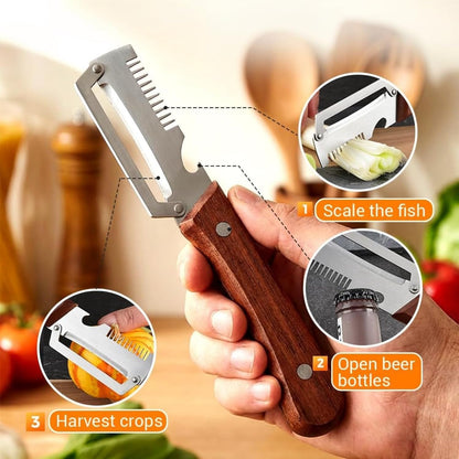 Multifunctional vegetable peeler with wooden handle held by a hand, with insets showing its uses.