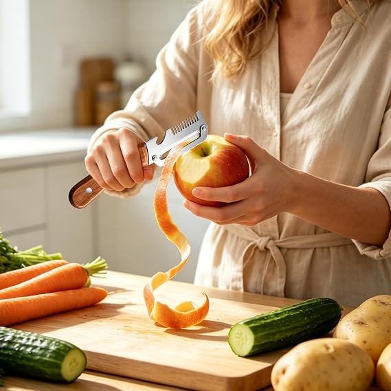 Person peeling an apple with a peeler on a wooden cutting board with vegetables.