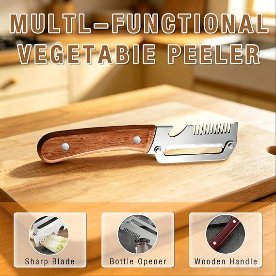 Multifunctional vegetable peeler with wooden handle on a wooden cutting board