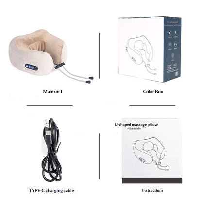 A collage showing a U-shaped neck massage pillow kit on a white background, including the main unit, its retail box labeled Color Box, a black USB-C charging cable, and an instructions booklet.