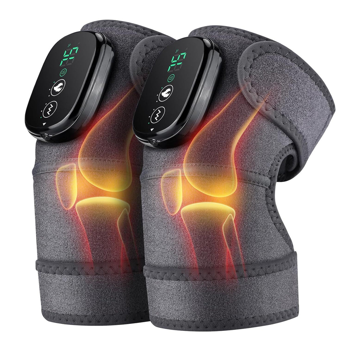 Pair of electronic knee wraps with digital displays on a white background