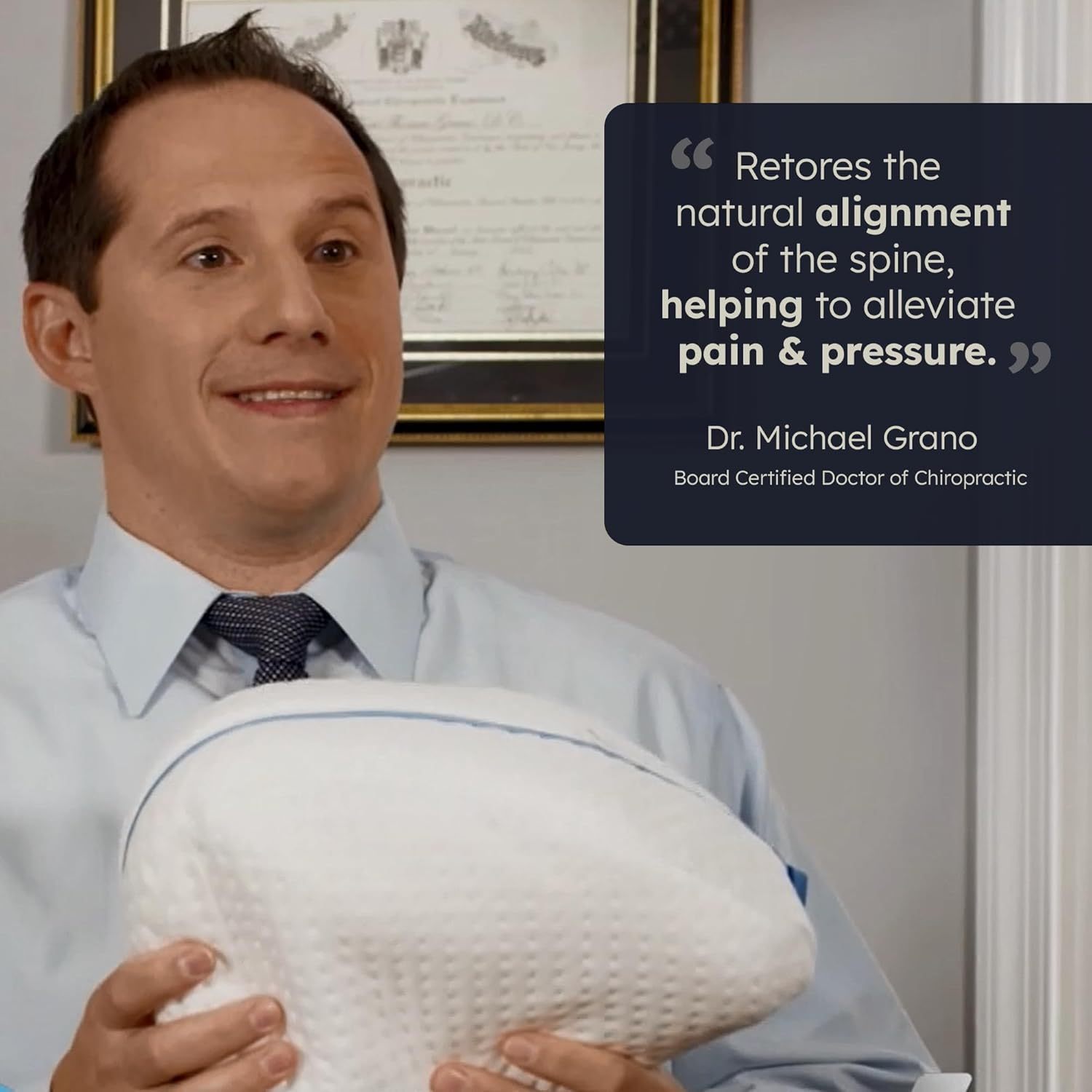 Man holding a pillow with text about spinal alignment and pain relief, attributed to Dr. Michael Grano.