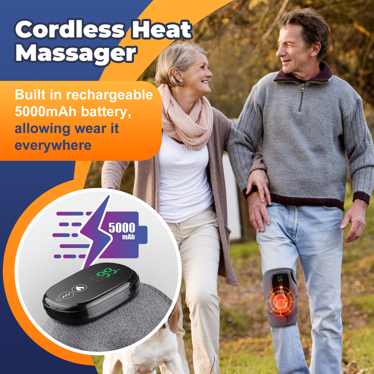 Couple walking outdoors with a cordless heat massager, highlighting its rechargeable battery feature.