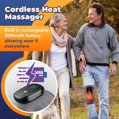 Couple walking outdoors with a cordless heat massager, highlighting its rechargeable battery feature.