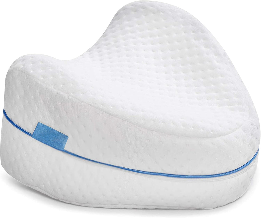 White contoured memory foam pillow with a textured surface and a blue accent stripe on the side.