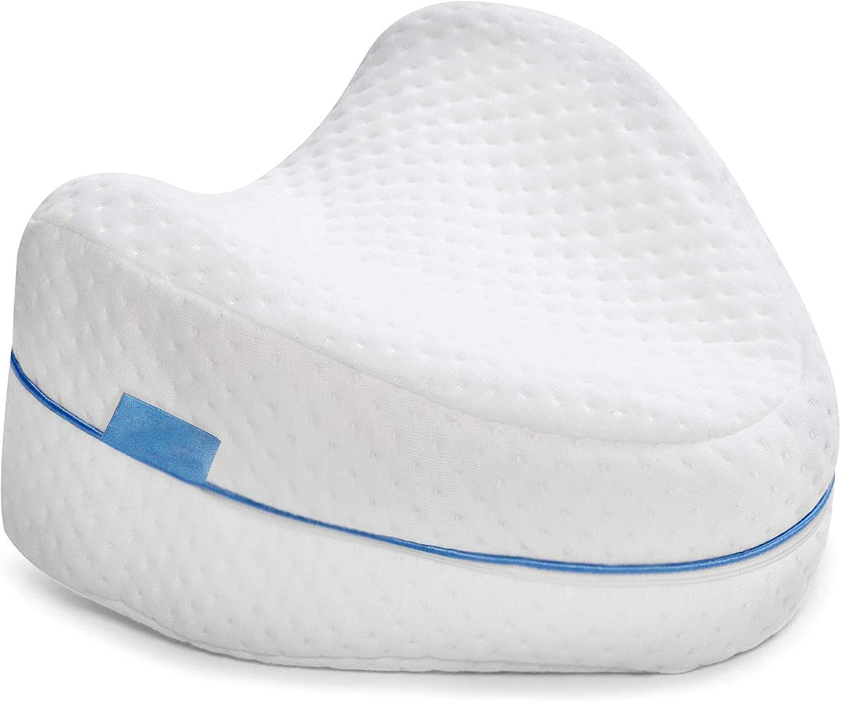 White contoured memory foam pillow with a textured surface and a blue accent stripe on the side.