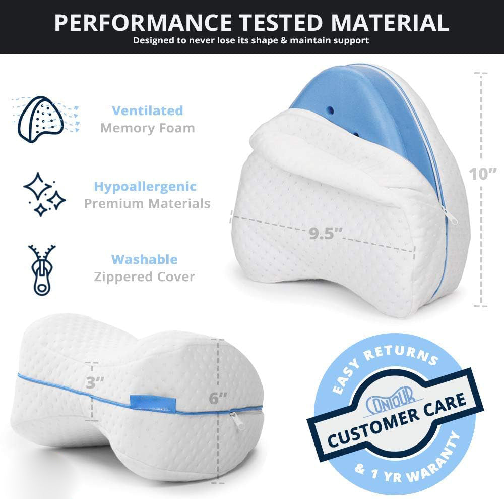 Memory foam neck pillow shown in two views with text callouts about ventilated memory foam, hypoallergenic premium materials, washable zippered cover, and dimensions. The image includes a circular &