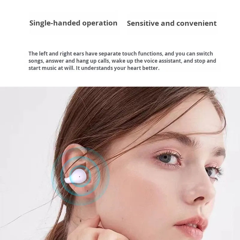 A close-up of a woman wearing a single white wireless earbud in her ear, with text above describing single-handed operation and sensitive touch functions. The image includes a light blue ring graphic around the earbud to illustrate touch sensitivity.