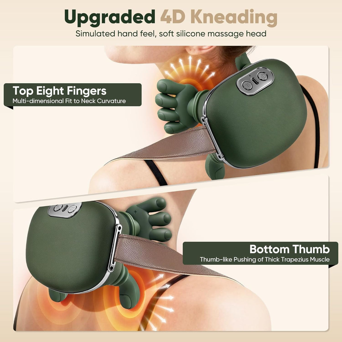 Massage device with green silicone head on a person receiving neck massage, highlighting features like &