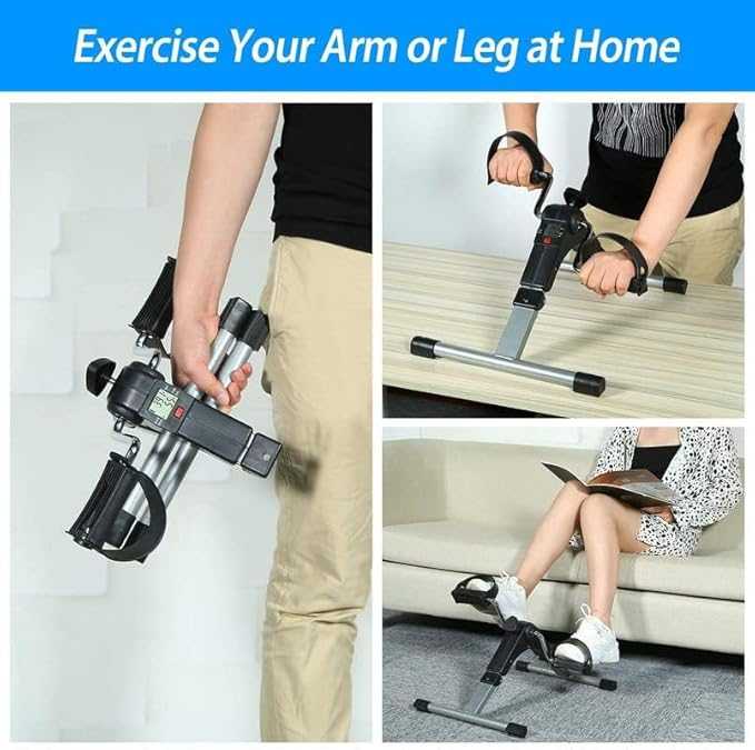Home exercise equipment being used by different people in various positions.