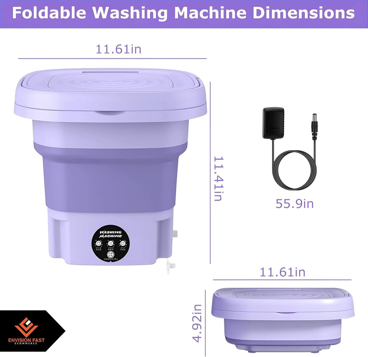 Foldable washing machine with dimensions labeled on a white background