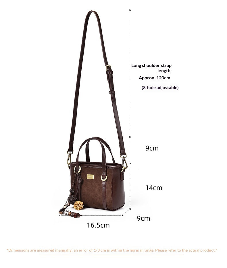 A brown leather crossbody handbag with dimension annotations showing its measurements (16.5cm width, 9cm top handle, 14cm body, 9cm strap, and approx.