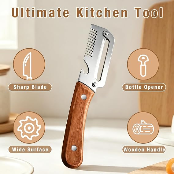 A kitchen utility knife with a wooden handle and stainless steel blade, shown standing upright on a countertop. The image includes marketing text reading &