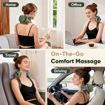 Woman using a neck massager in various settings: home, office, travel, and driving.