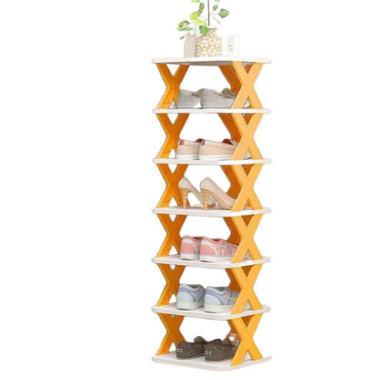 A 7-tier wooden shoe rack with white shelves and orange-yellow X-shaped side supports, shown holding various shoes on a plain white background.