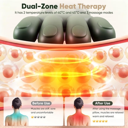 Massage pillow with dual-zone heat therapy showing temperature levels and massage modes.