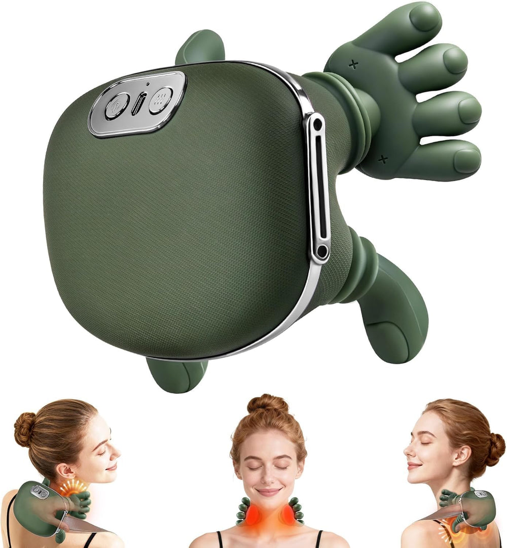 Green handheld massager with a woman using it on her neck and shoulders.