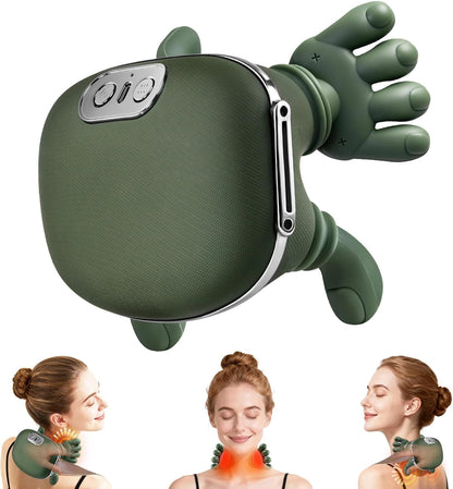 Green handheld massager with a woman using it on her neck and shoulders.
