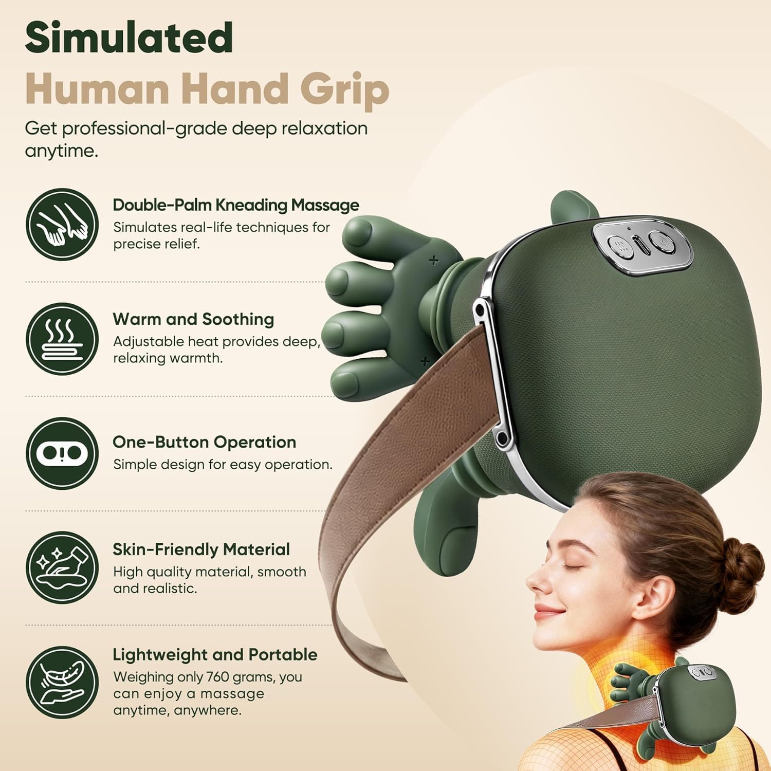Massage device with text detailing features on a beige background