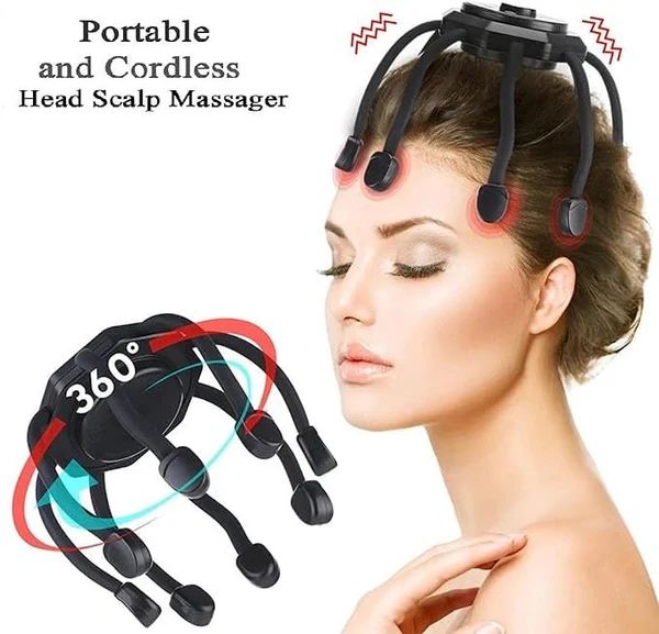 Portable and cordless head scalp massager being used on a woman's head with text indicating its features.