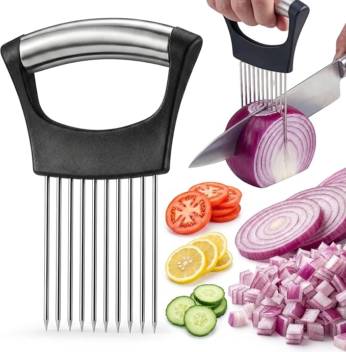 Onion chopper with sliced vegetables on a white background