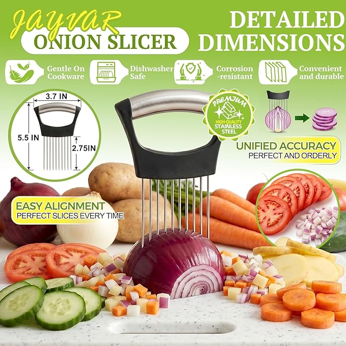 Jayvar onion slicer with vegetables and detailed dimensions on a green background