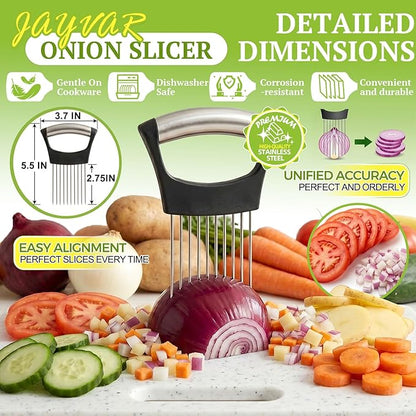 Jayvar onion slicer with vegetables and detailed dimensions on a green background