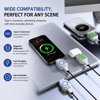 Charging station with multiple devices connected, emphasizing compatibility and features.