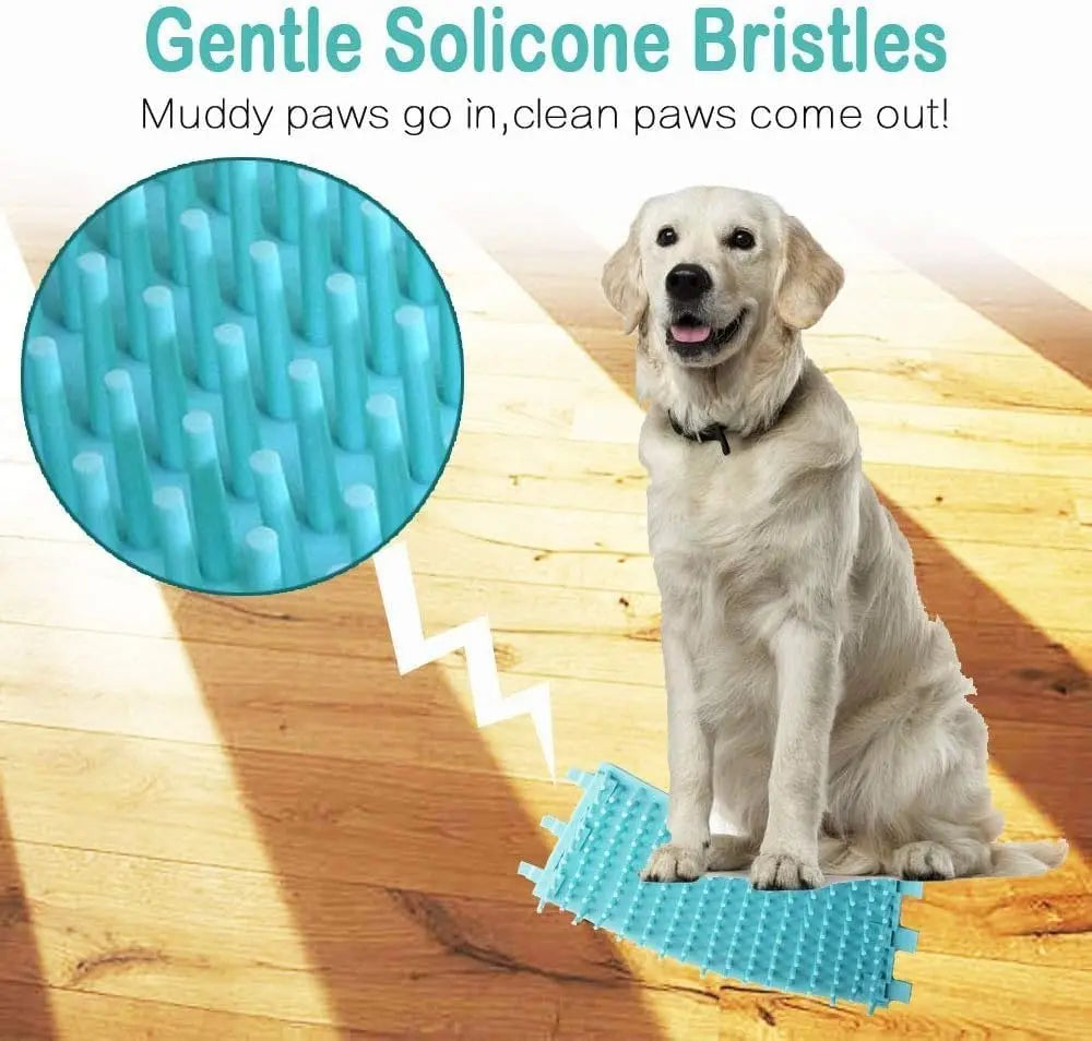 Dog standing on a blue paw cleaning mat with text about gentle silicone bristles.
