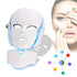 A white LED facial therapy mask with blue trim is shown on a white background, alongside a close-up of a woman&