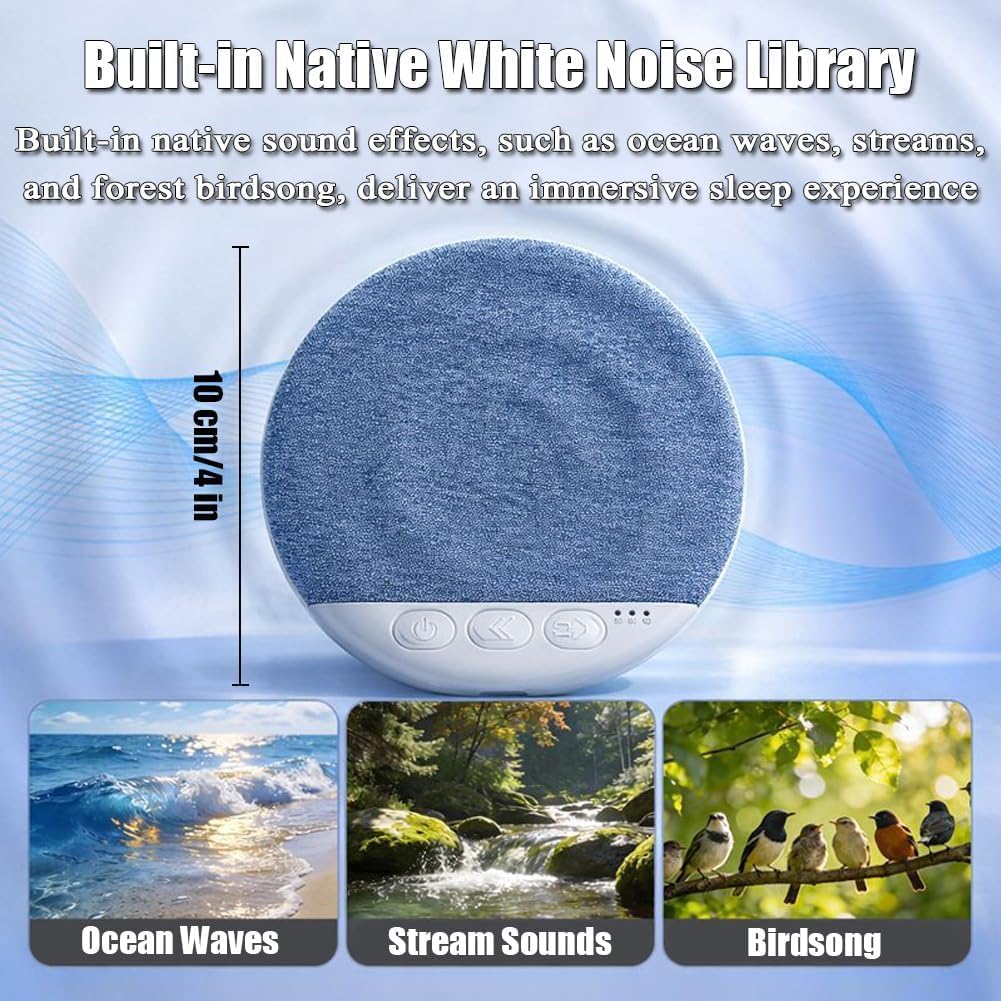 White noise machine with sound effect examples on a blue gradient background