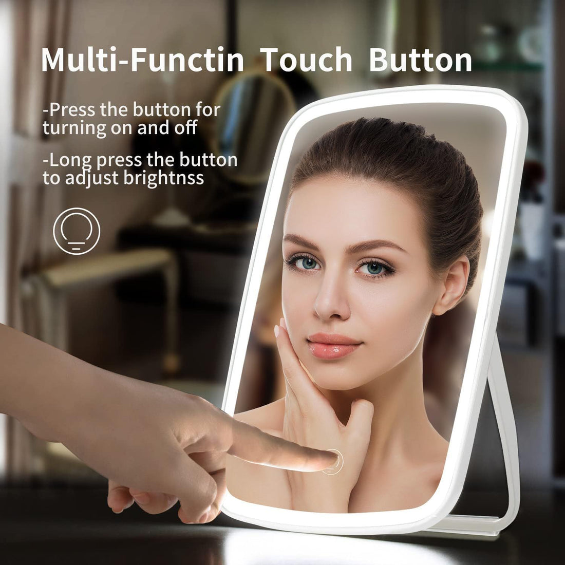Lighted makeup mirror with a hand pointing to a multi-function touch button