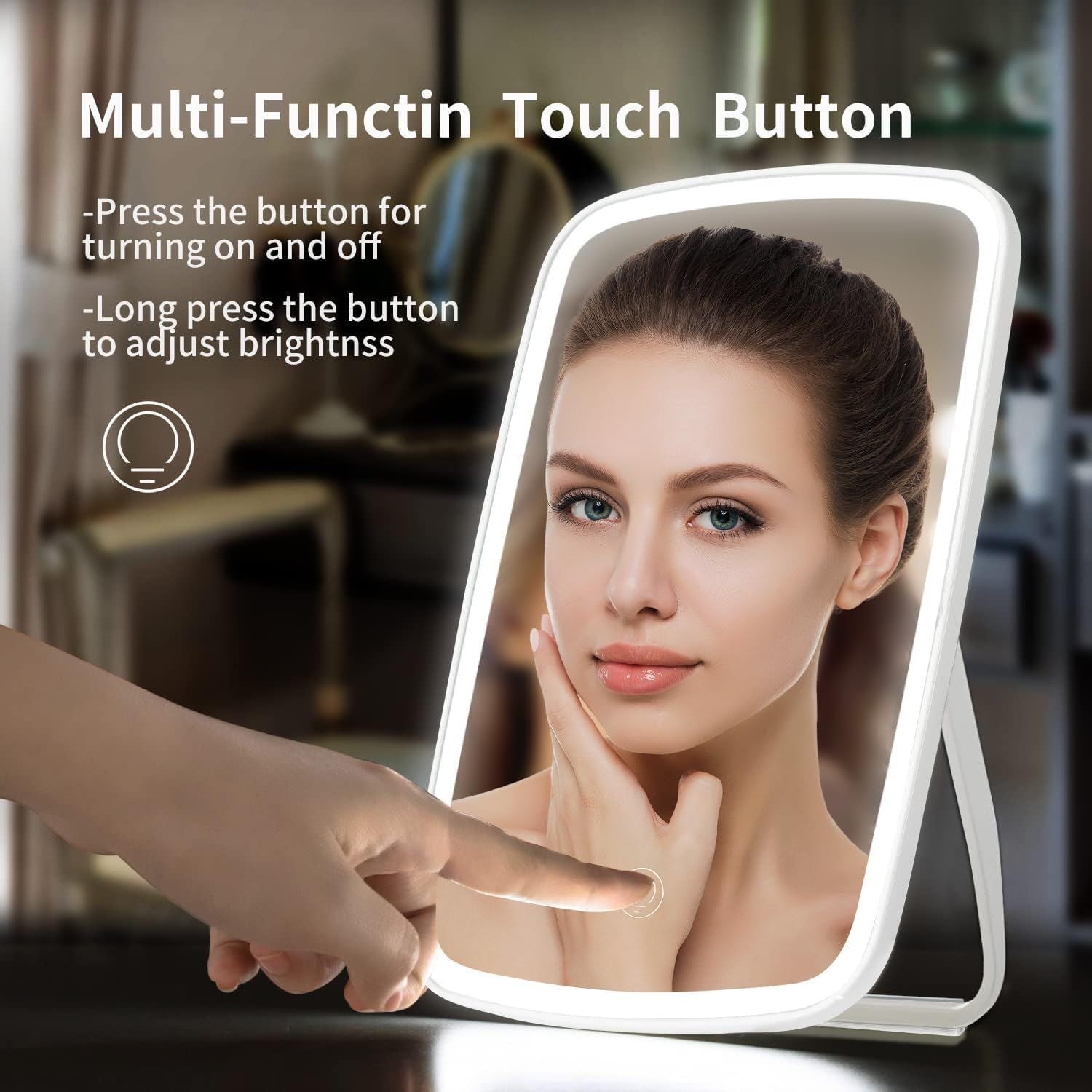Lighted makeup mirror with a hand pointing to a multi-function touch button