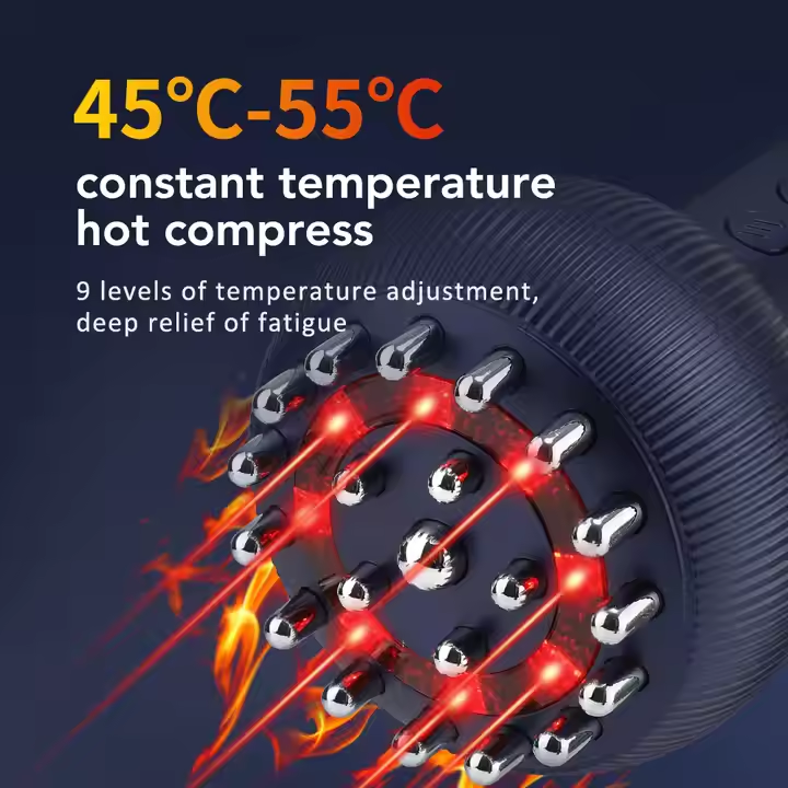Close-up of a dark massage head with red heat-light effect and text reading &